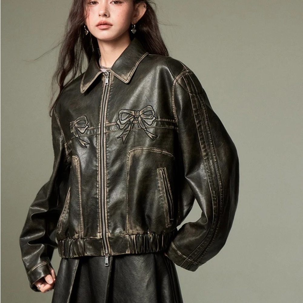 DIDDI MODA Arcana Archive Bowknot Retro Color-Painted Leather Jacket